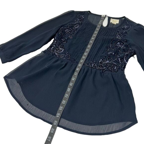 Anthropologie Maeve Helene Blouse in Navy Size Small 4 w Embellished Sequin Pepl - Picture 10 of 12